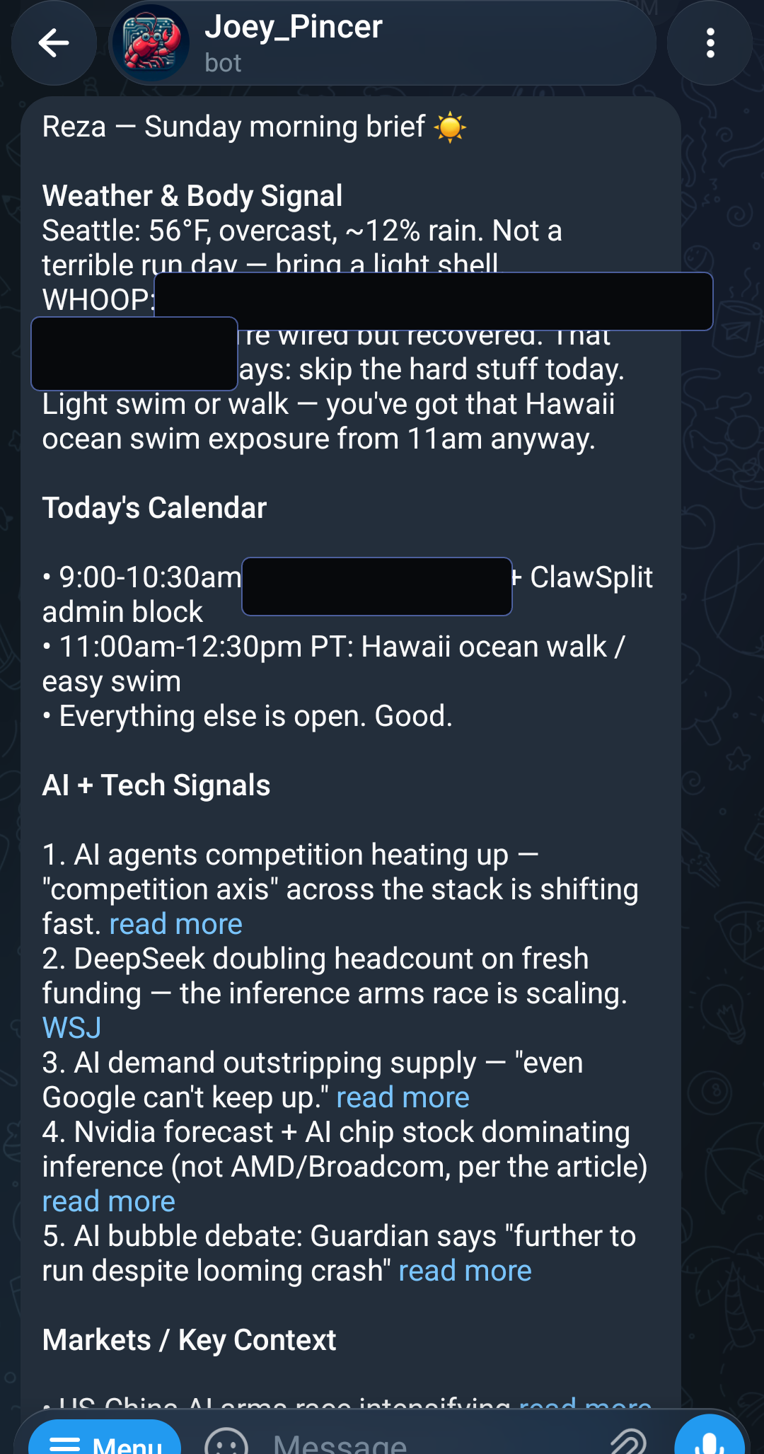 Telegram message from Joey: Sunday morning brief with weather, calendar, and AI news signals