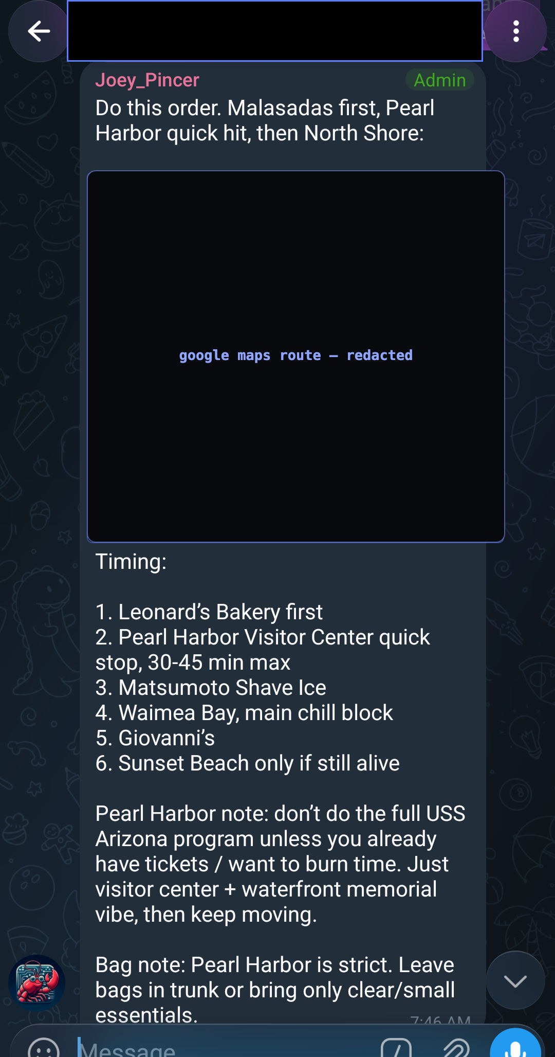 Telegram message from Joey: Hawaii day route with mapped stops and timing