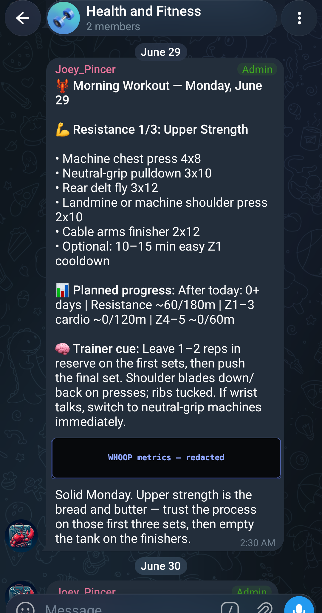 Telegram message from Joey: morning workout plan with sets, progress, and trainer cues